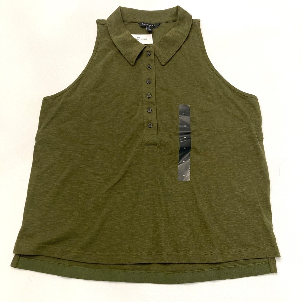 Banana Republic Sleeveless Slub Polo‎ Tank Top Shirt Olive Green Womens M NEW